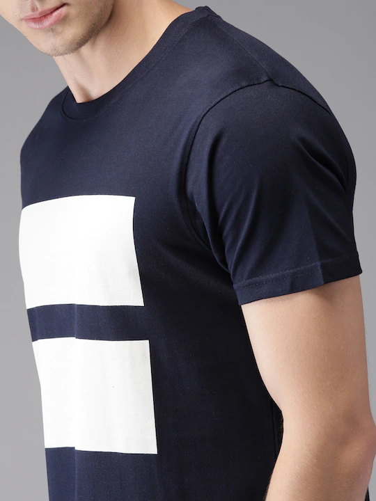 Navy Blue Printed Stripe Round Neck Mens Half Sleeves T-shirt- FunkyTeesClub