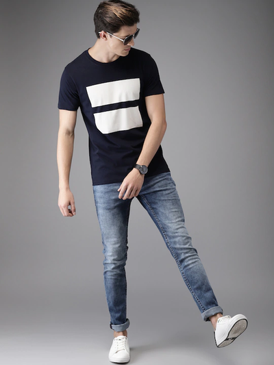 Navy Blue Printed Stripe Round Neck Mens Half Sleeves T-shirt- FunkyTeesClub