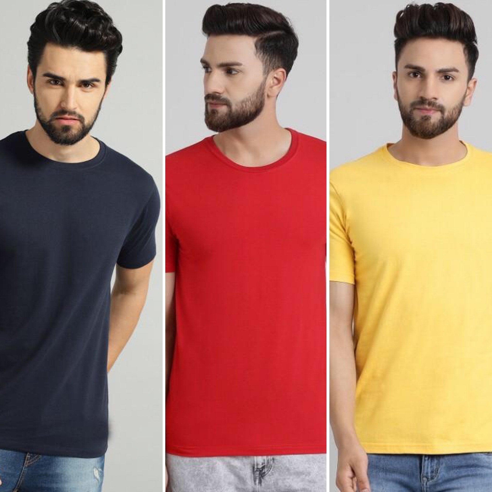 Navy Blue Yellow Red Combo Half Sleeve T-Shirts [Pack of 3]-FunkyTeesClub