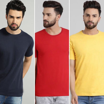 Navy Blue Yellow Red Combo Half Sleeve T-Shirts [Pack of 3]-FunkyTeesClub