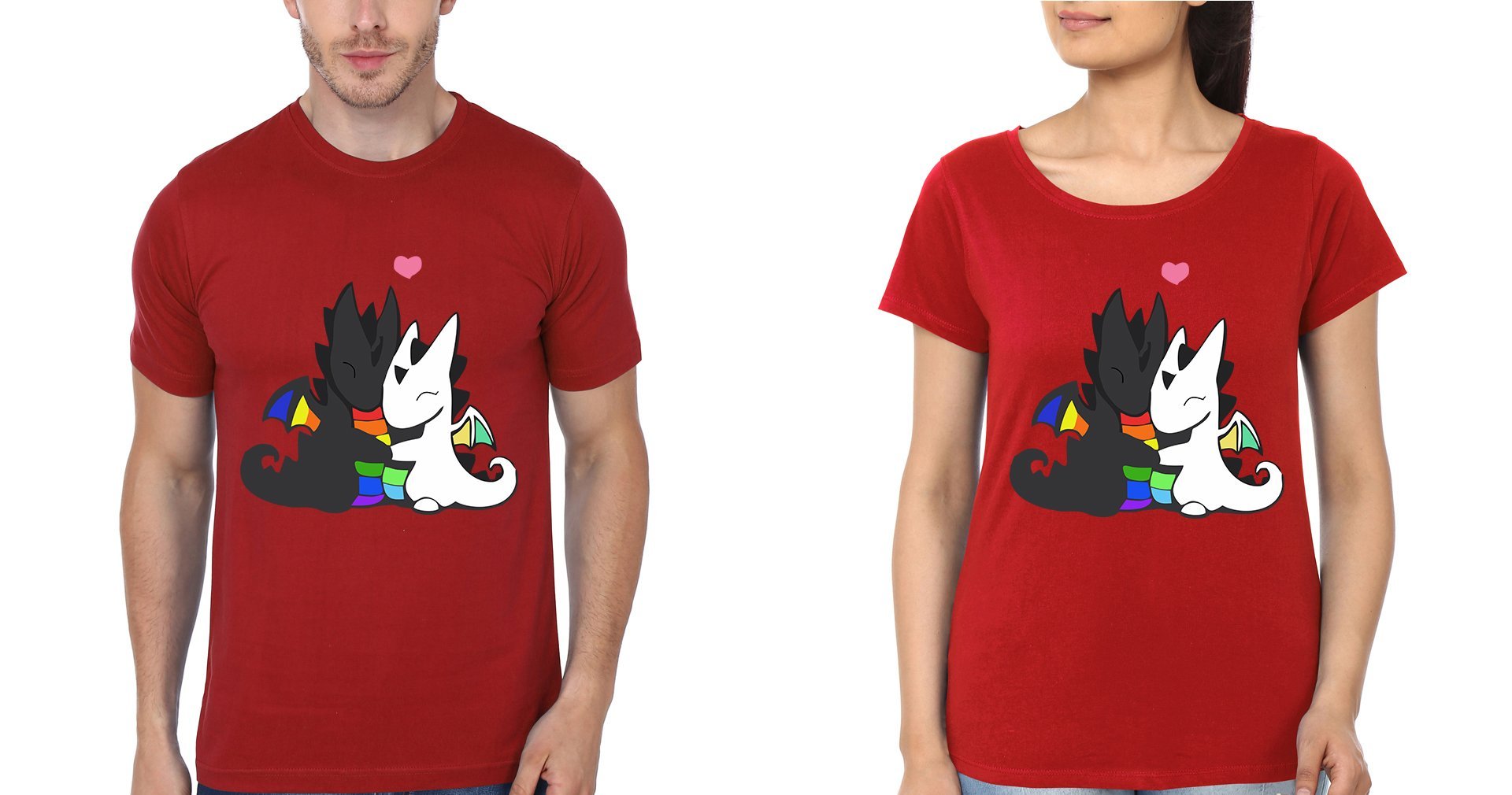 Rainbow Dragon Couple Half Sleeves T-Shirts -FunkyTees