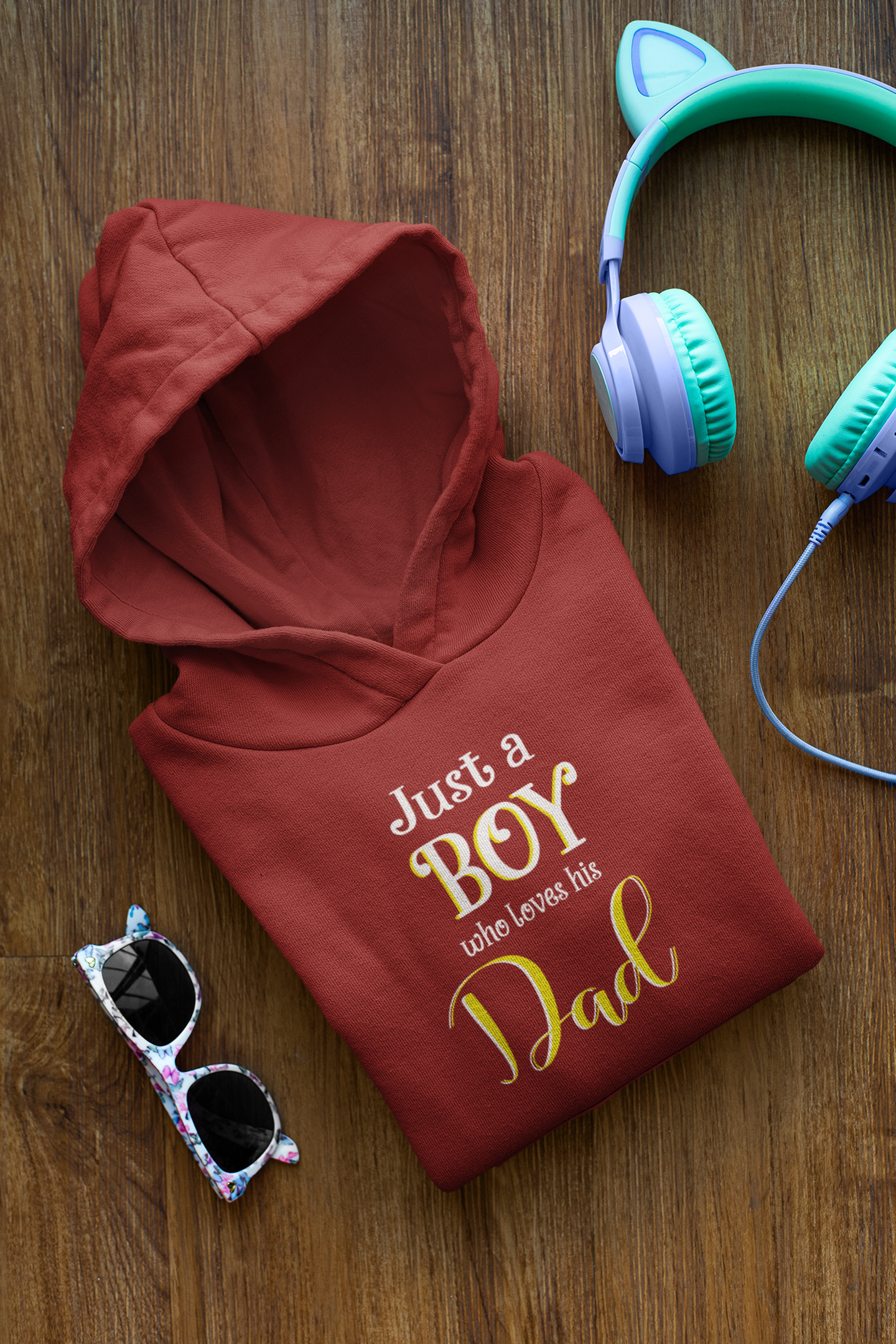 Just A Boy Who Love His Dad Father and Son Red Matching Hoodies- FunkyTeesClub