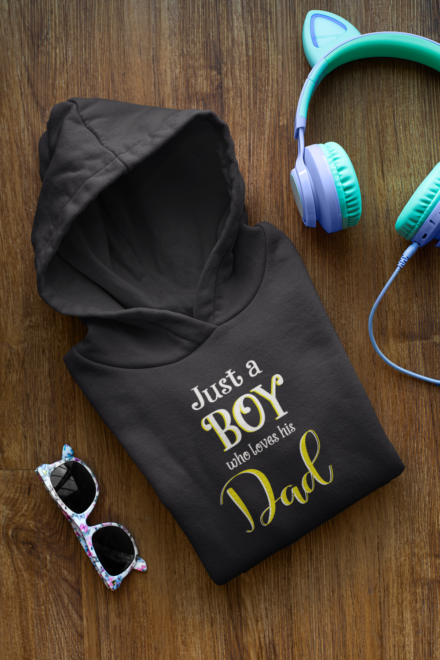Just A Boy Who Love His Dad Father and Son Black Matching Hoodies- FunkyTeesClub