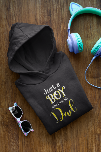 Just A Boy Who Love His Dad Father and Son Black Matching Hoodies- FunkyTeesClub