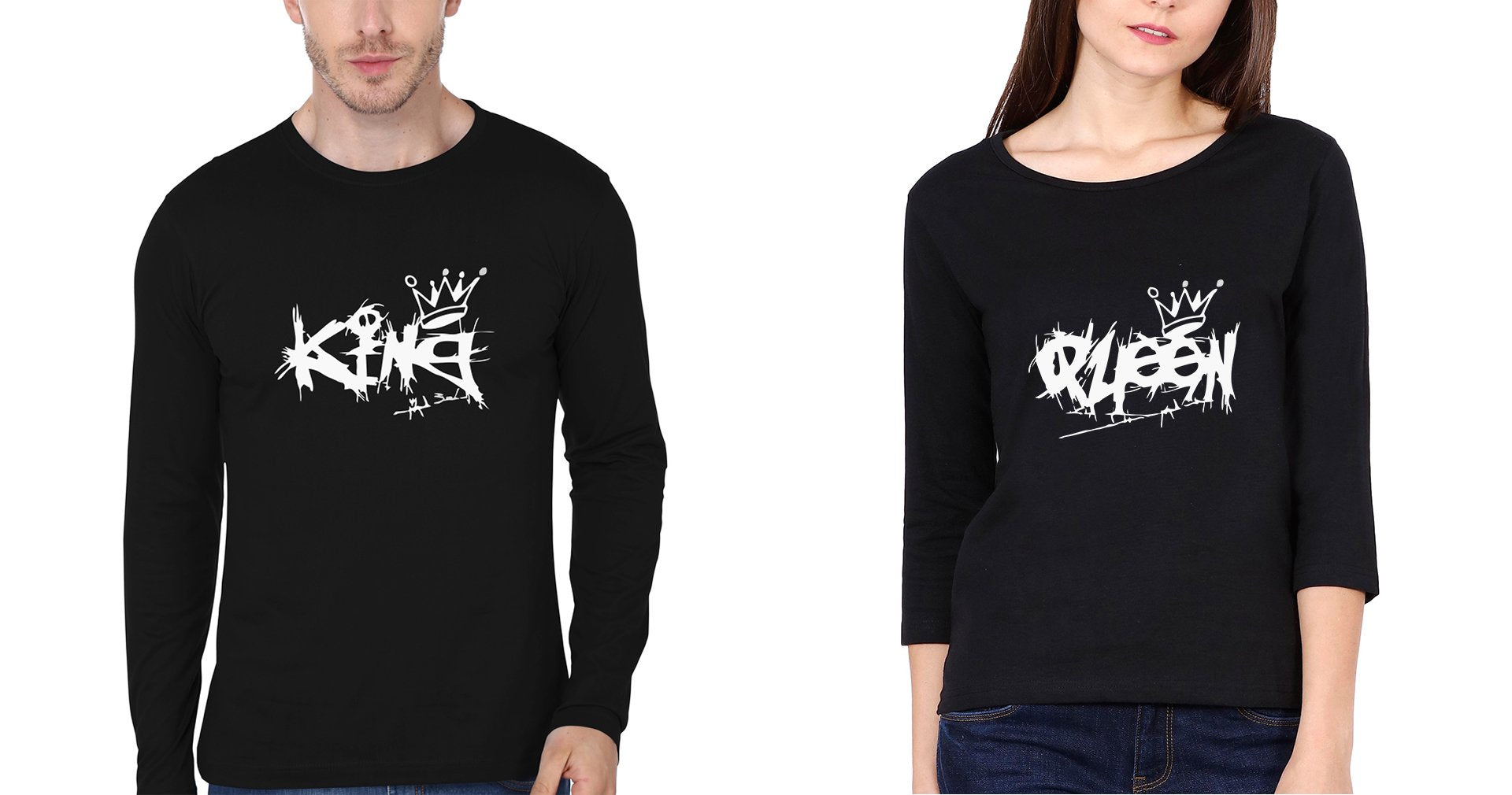 King Queen Couple Full Sleeves T-Shirts -FunkyTees