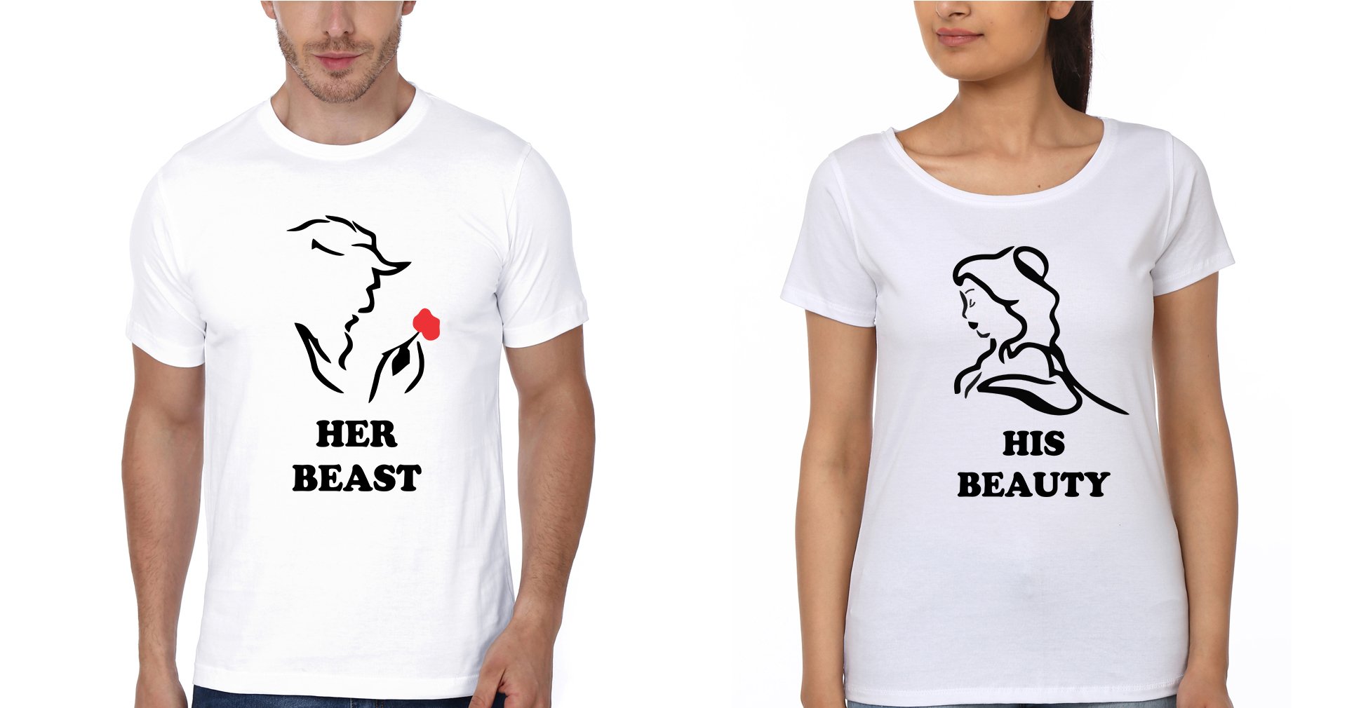 Her Beast His Beauty Couple Half Sleeves T-Shirts -FunkyTees