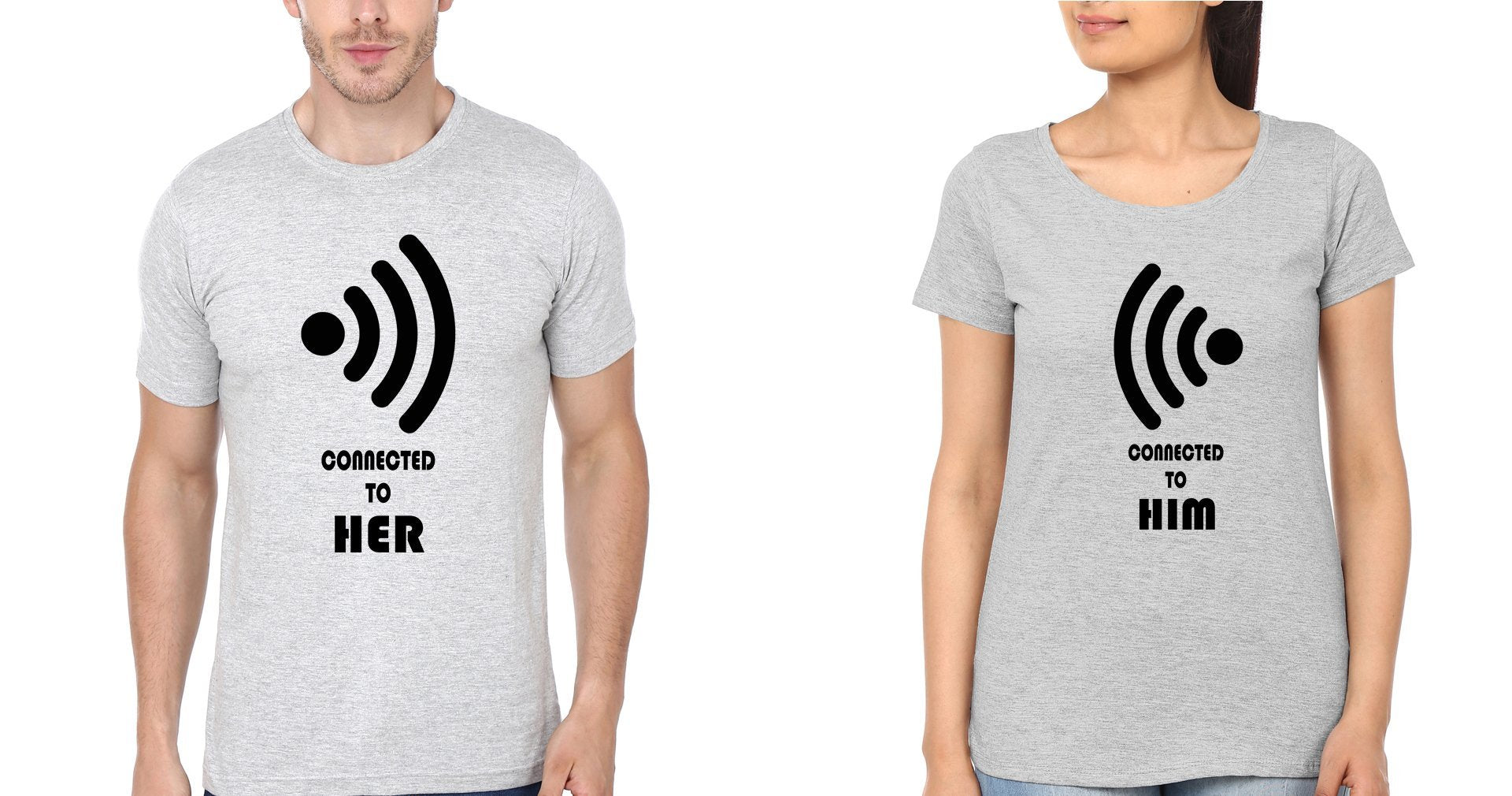 connected To Her Connected To him Couple Half Sleeves T-Shirts -FunkyTees
