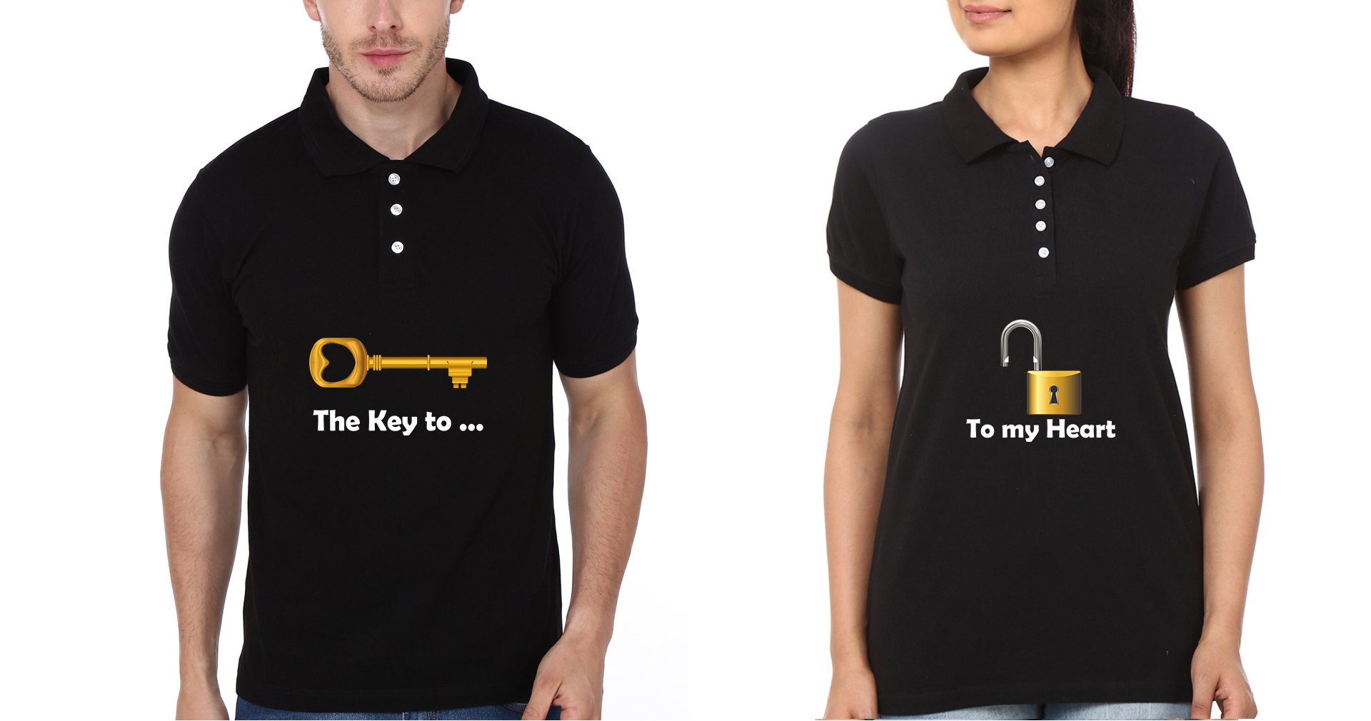 Key Lock Couple Polo Half Sleeves T-Shirts -FunkyTees