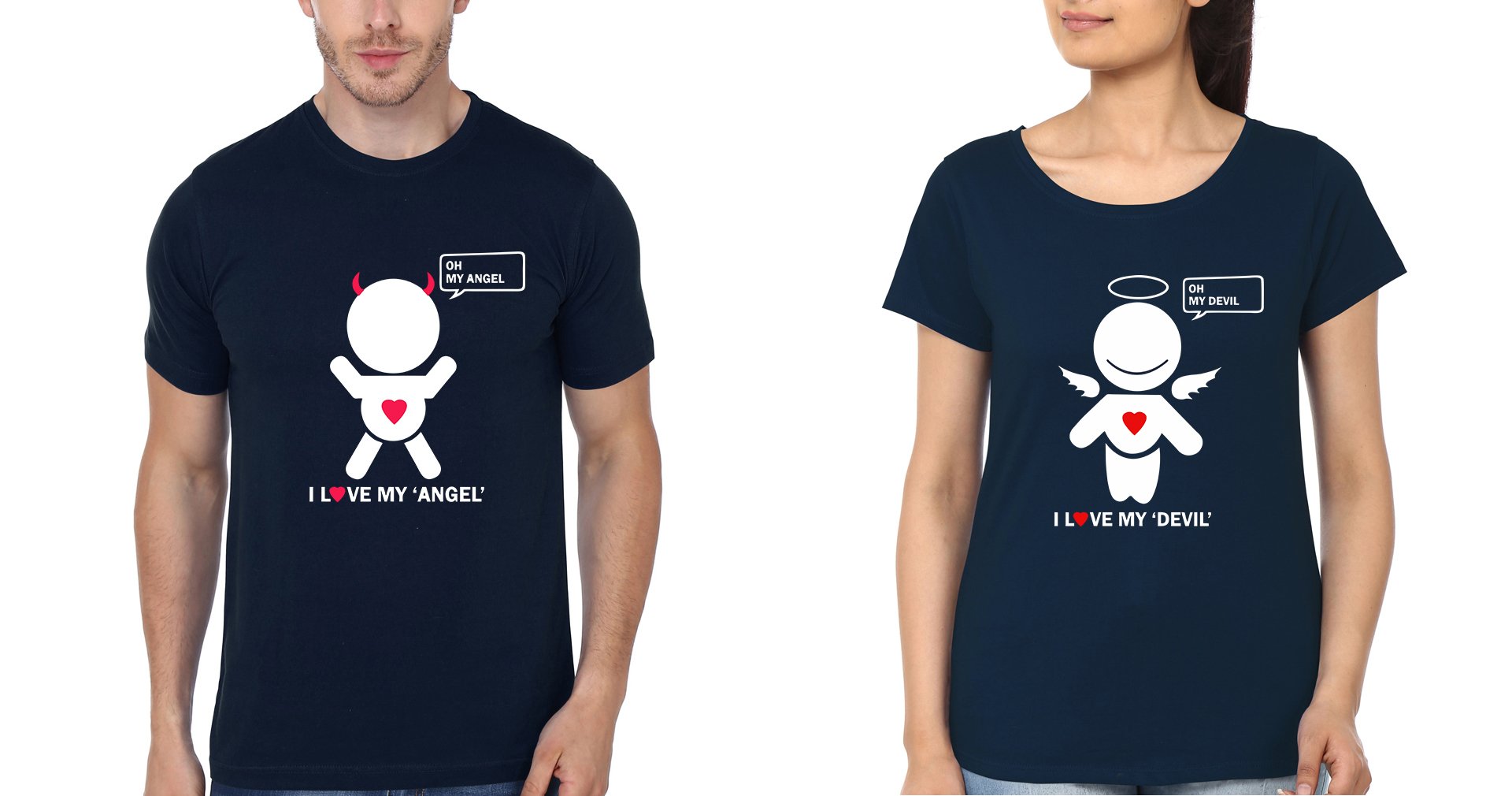 Oh My devil Oh My Angel Couple Half Sleeves T-Shirts -FunkyTees