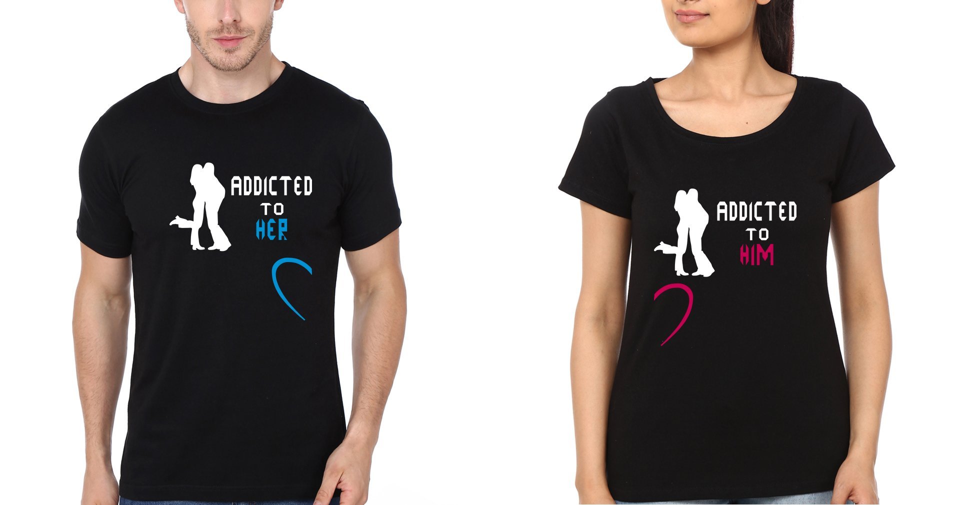 Addicted to her him Couple Half Sleeves T-Shirts -FunkyTees - Funky Tees Club