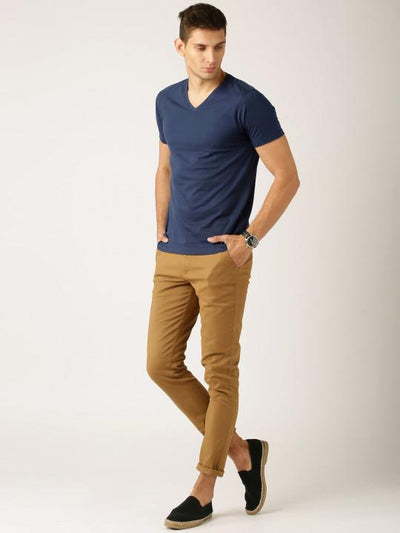 Plain Navy Blue V Neck T-Shirt-FunkyTeesClub