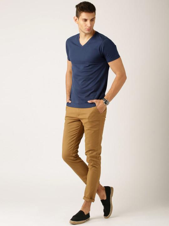 Plain Navy Blue V Neck T-Shirt-FunkyTeesClub