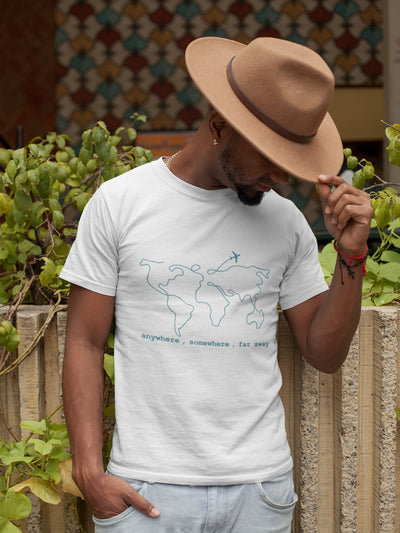 Anywhere Somewhere Far Away Travel World Map Mens Half Sleeves T-shirt- FunkyTeesClub - Funky Tees Club