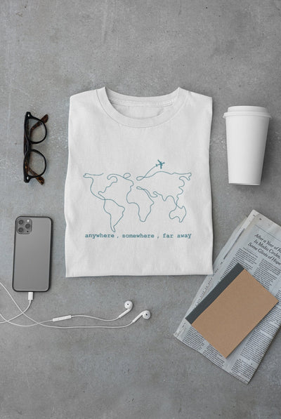 Anywhere Somewhere Far Away Travel World Map Mens Half Sleeves T-shirt- FunkyTeesClub - Funky Tees Club