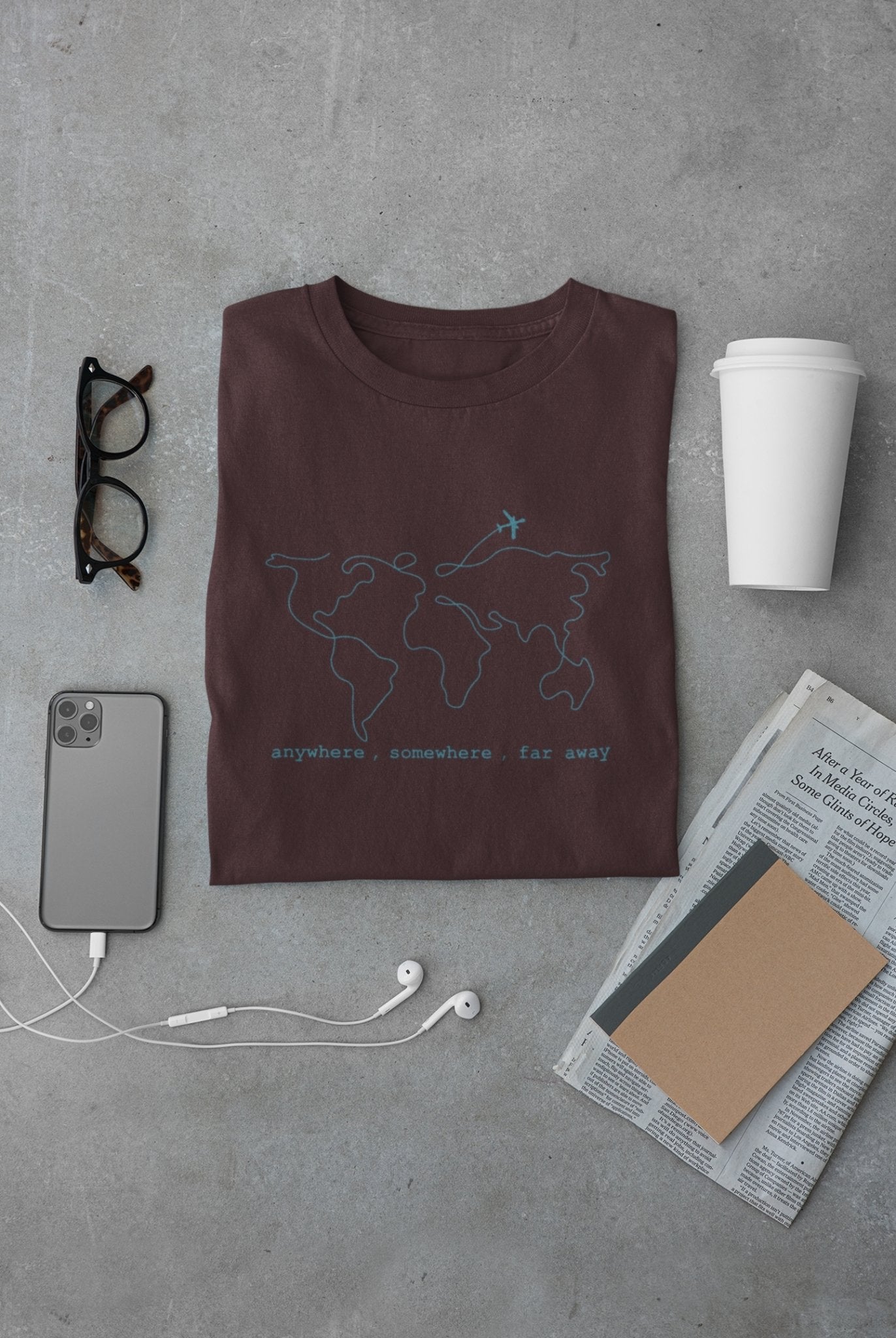 Anywhere Somewhere Far Away Travel World Map Mens Half Sleeves T-shirt- FunkyTeesClub - Funky Tees Club