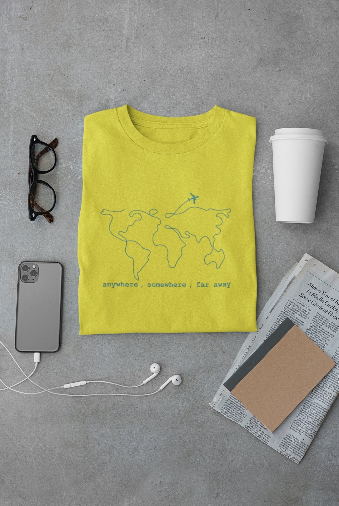 Anywhere Somewhere Far Away Travel World Map Mens Half Sleeves T-shirt- FunkyTeesClub - Funky Tees Club