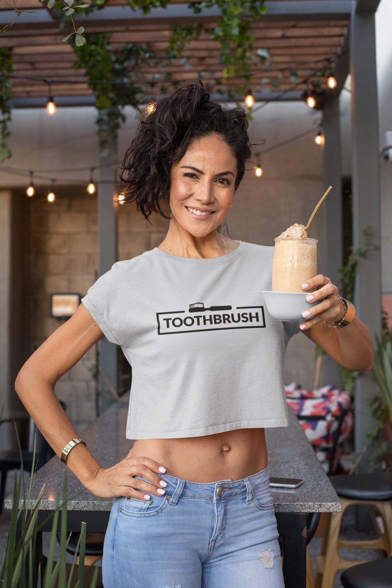 Bathroom label toothbrush icon Women Crop Top- FunkyTeesClub - Funky Tees Club