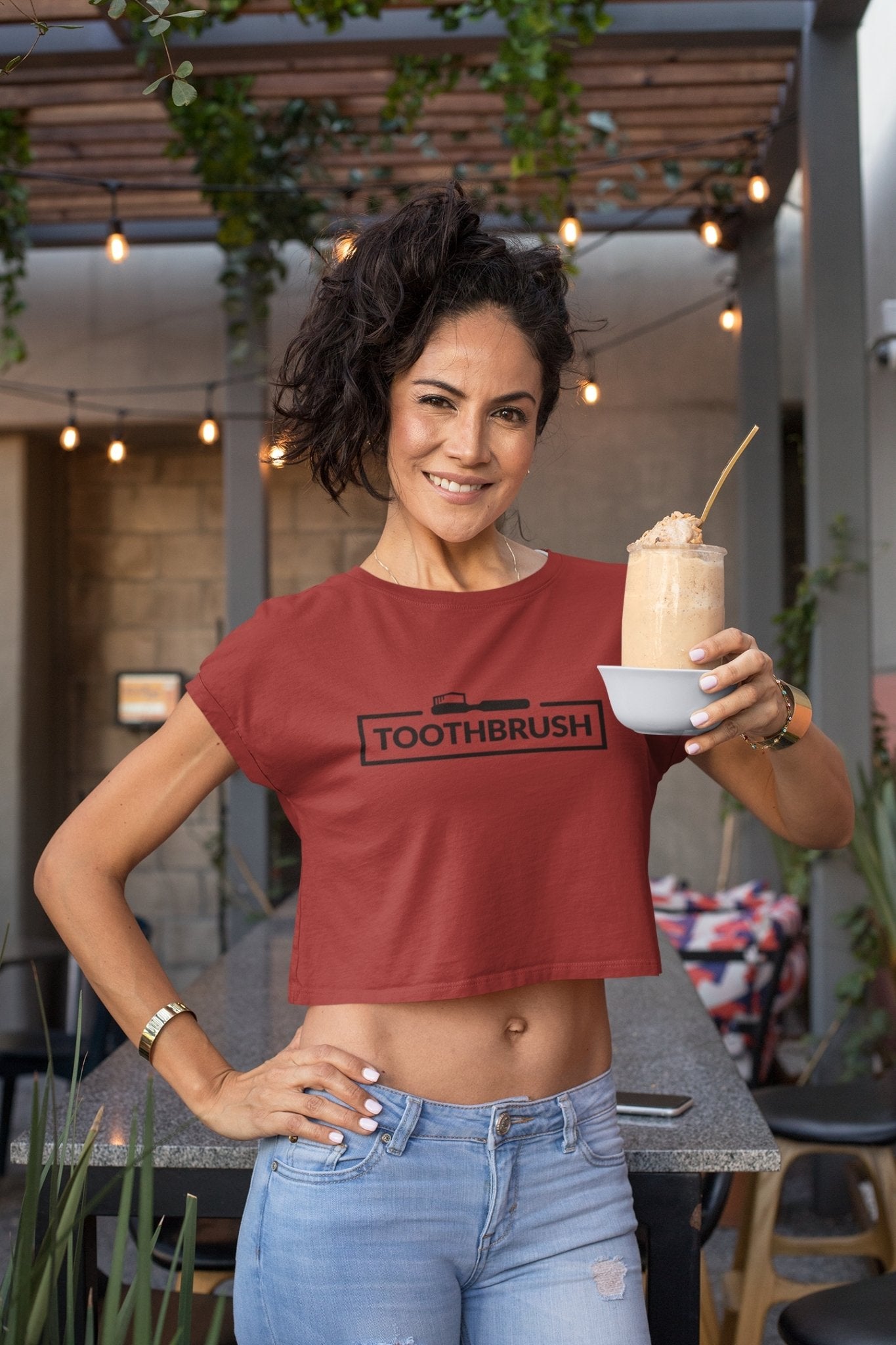Bathroom label toothbrush icon Women Crop Top- FunkyTeesClub - Funky Tees Club