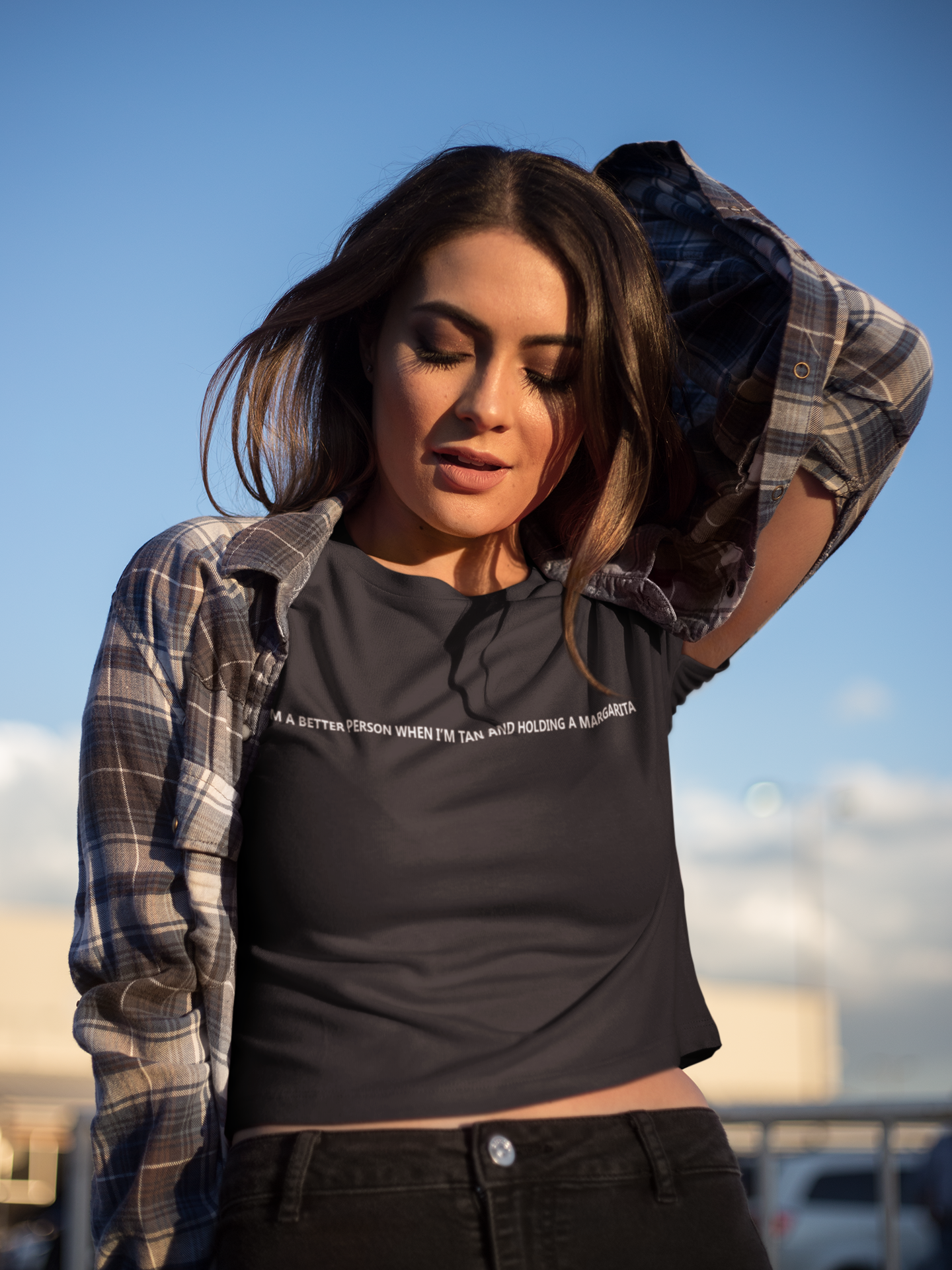 I Am A Better Person When I Am Tan And Holding A Margarita Quotes Women Crop Top- FunkyTeesClub