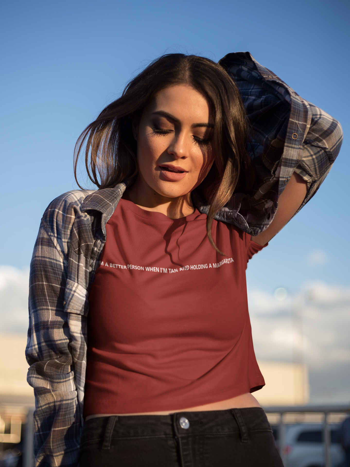 I Am A Better Person When I Am Tan And Holding A Margarita Quotes Women Crop Top- FunkyTeesClub