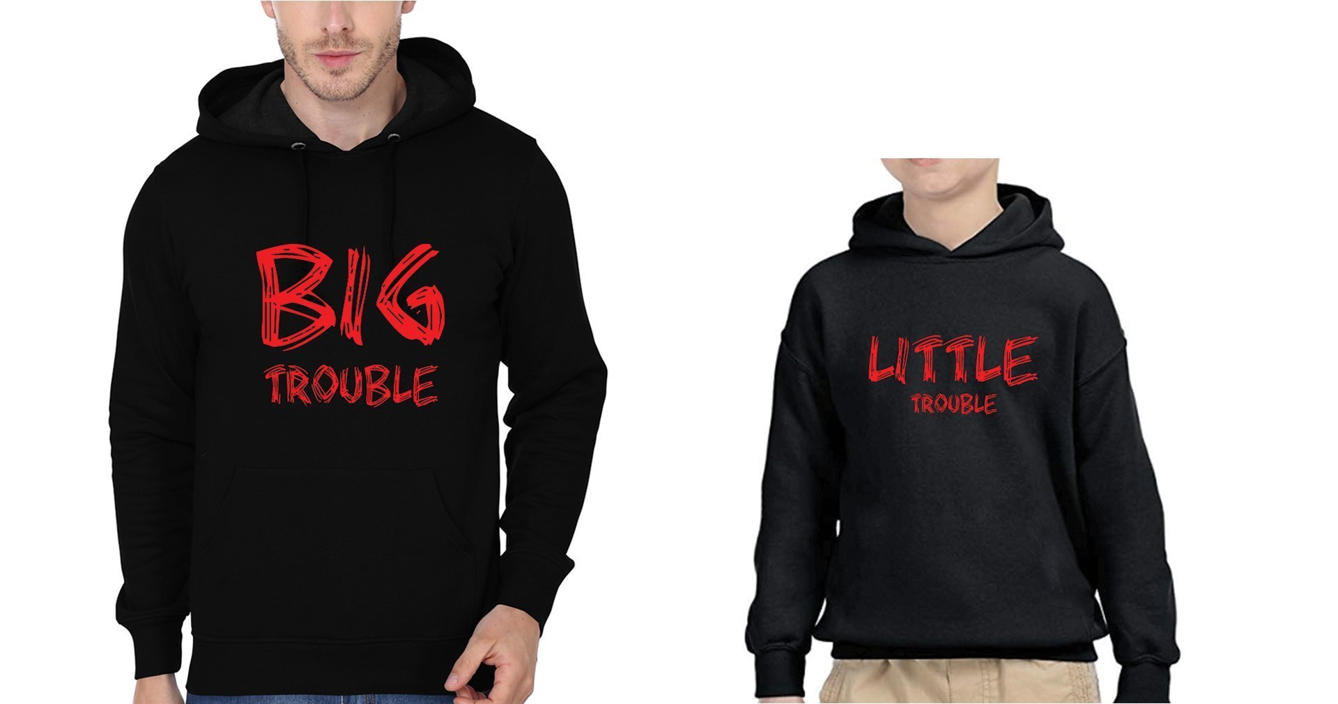 Big Trouble Lil Trouble Father and Son Matching Hoodies- FunkyTeesClub - Funky Tees Club