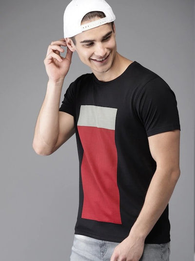Black Printed Stripe Minimal Round Neck Mens Half Sleeves T-shirt- FunkyTeesClub - Funky Tees Club