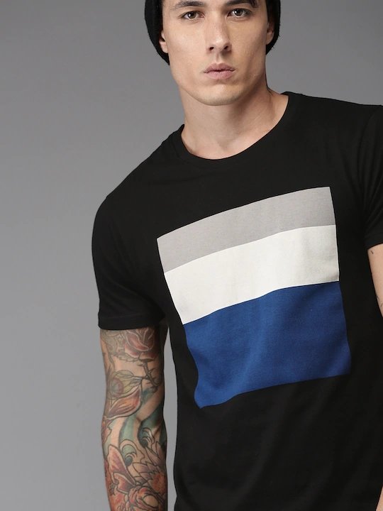 Black Printed Stripe Round Neck Mens Half Sleeves T-shirt- FunkyTeesClub - Funky Tees Club