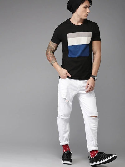 Black Printed Stripe Round Neck Mens Half Sleeves T-shirt- FunkyTeesClub - Funky Tees Club