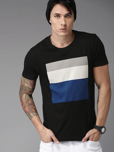 Black Printed Stripe Round Neck Mens Half Sleeves T-shirt- FunkyTeesClub - Funky Tees Club