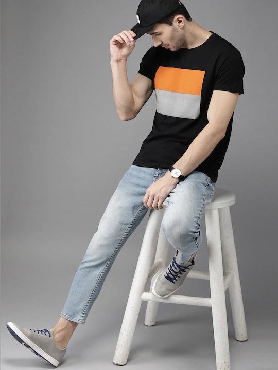 Black Printed Stripe Round Neck Mens Half Sleeves T-shirt- FunkyTeesClub - Funky Tees Club