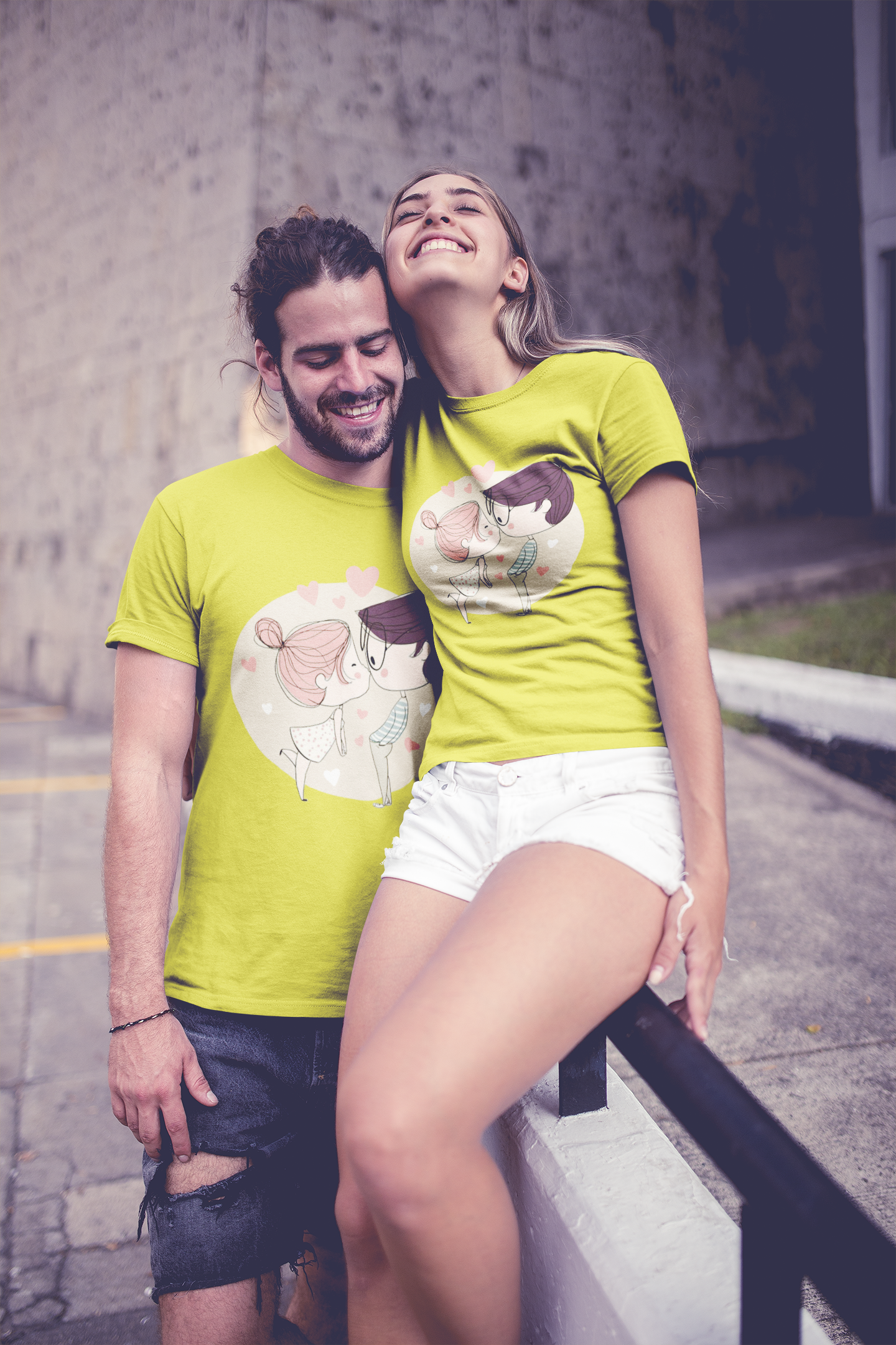 Line Art Couple Half Sleeves T-Shirts -FunkyTeesClub