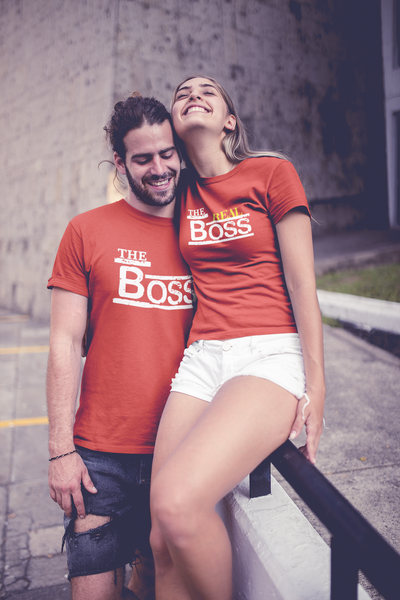The Boss The Real Boss Couple Half Sleeves T-Shirts -FunkyTeesClub