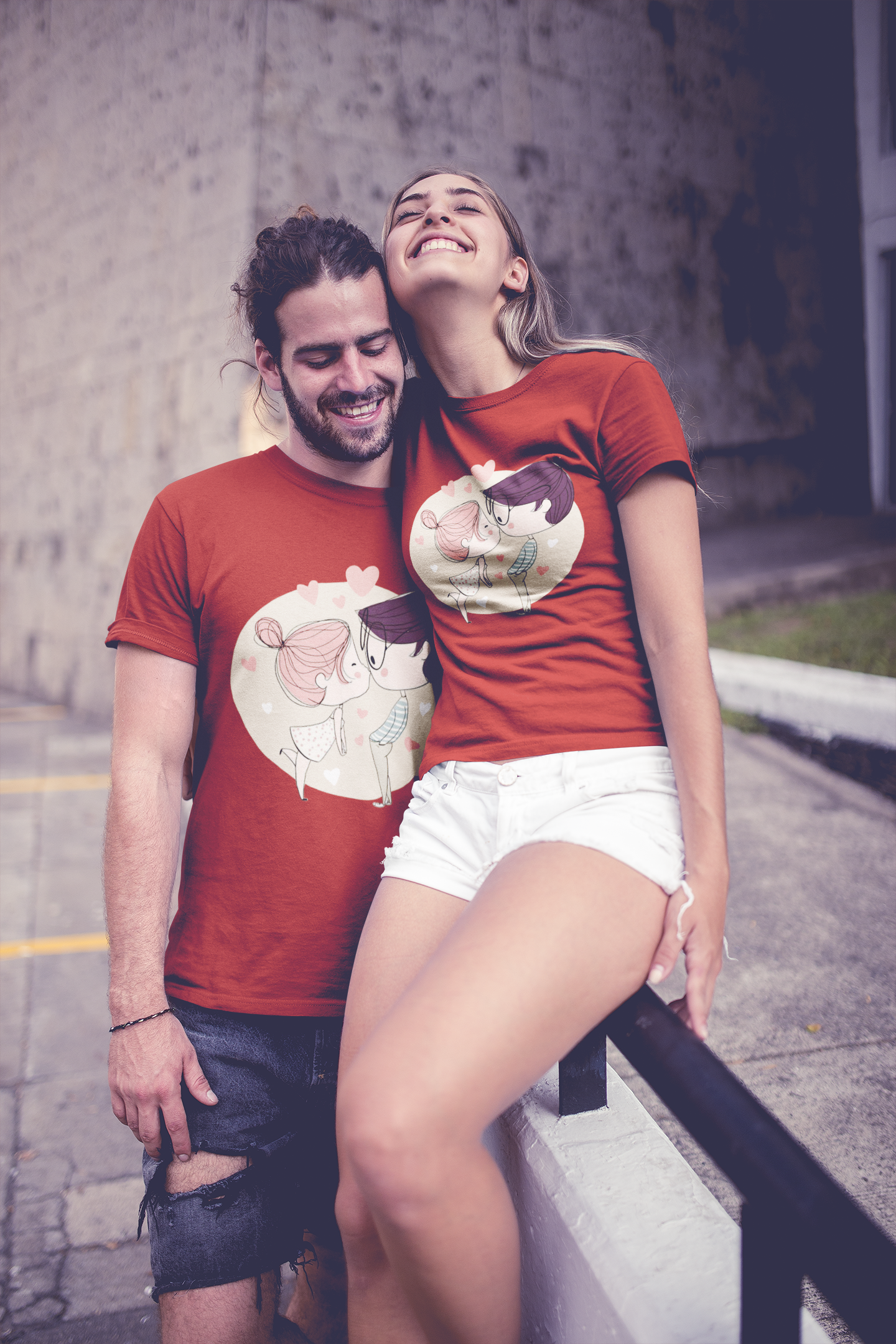 Line Art Couple Half Sleeves T-Shirts -FunkyTeesClub