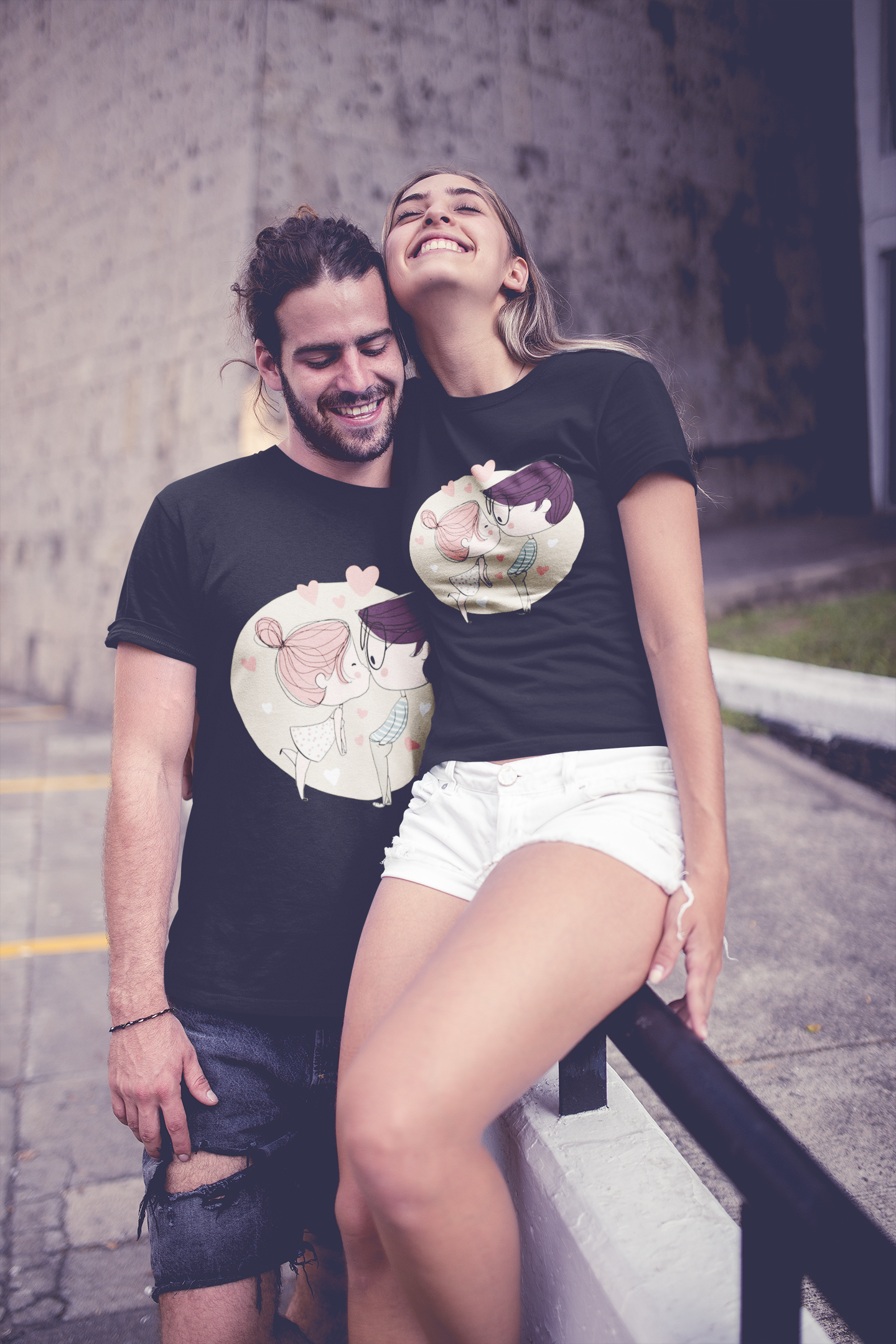 Line Art Couple Half Sleeves T-Shirts -FunkyTeesClub