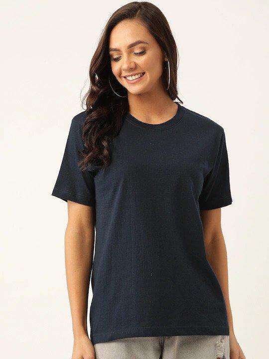 Plain Navy Blue Women Half Sleeves T-shirt- FunkyTeesClub