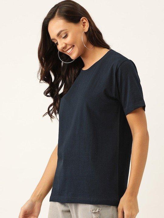 Plain Navy Blue Women Half Sleeves T-shirt- FunkyTeesClub