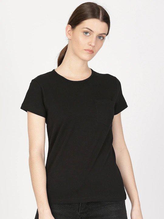 Plain Black Women Half Sleeves T-shirt- FunkyTeesClub