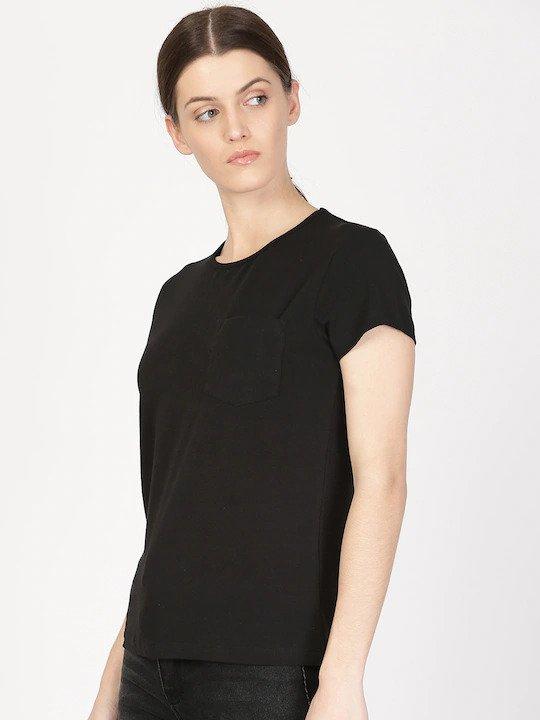 Plain Black Women Half Sleeves T-shirt- FunkyTeesClub