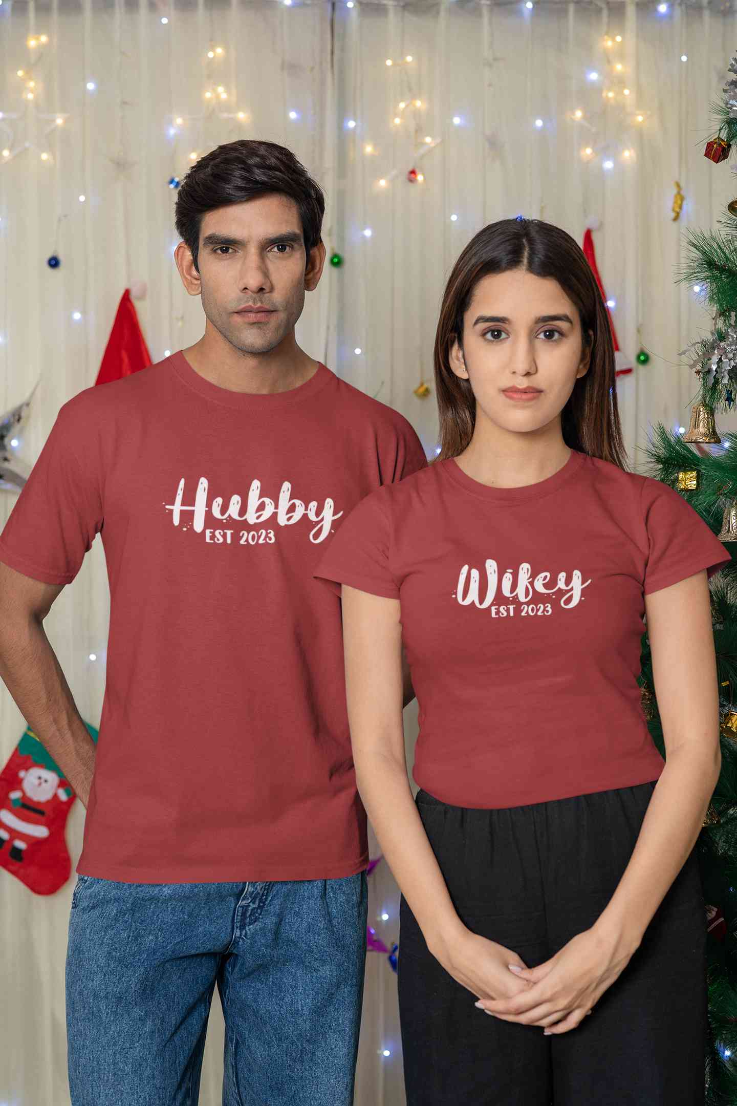 Hubby Wifey Est 2023 Couple Half Sleeves T-Shirts -FunkyTeesClub