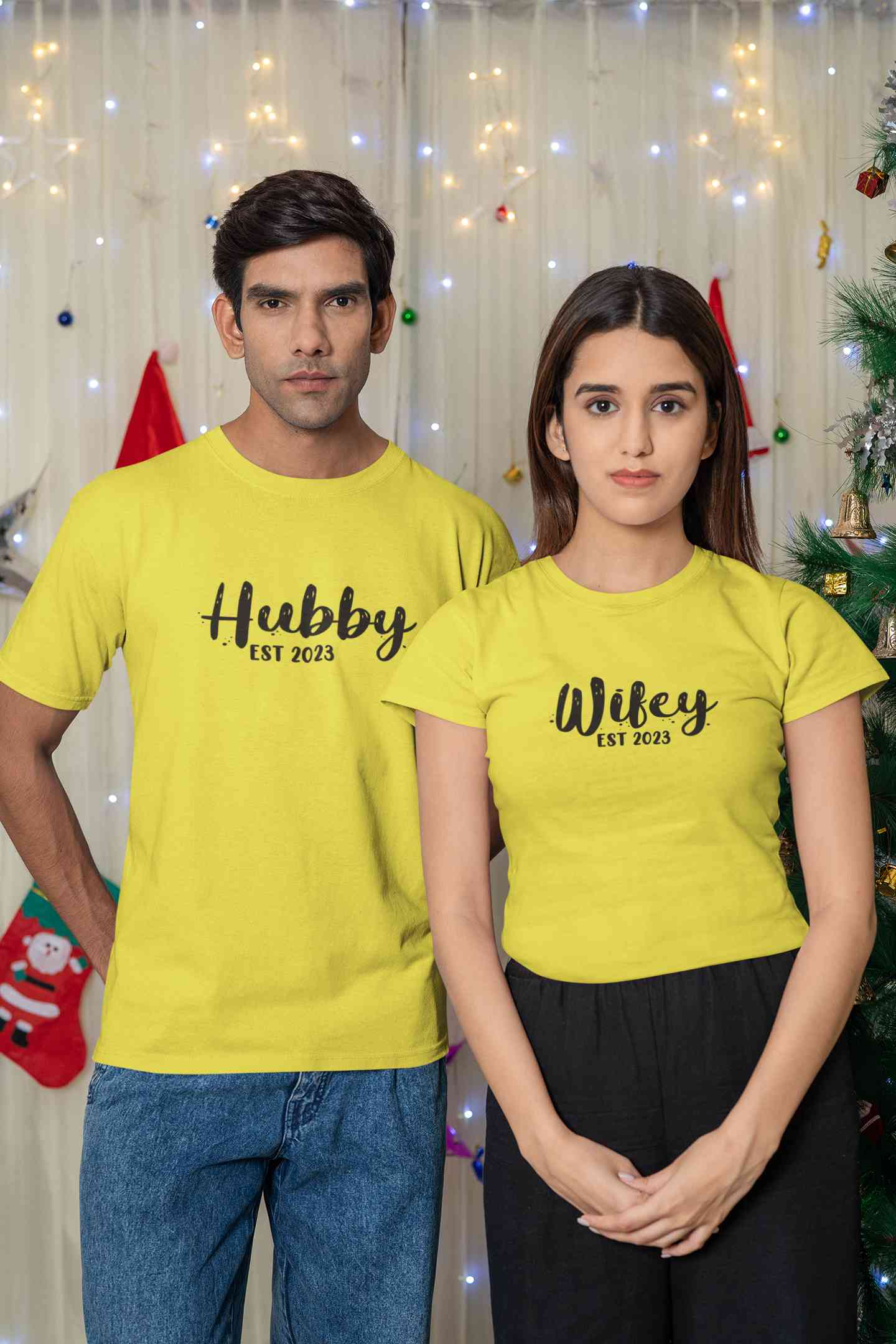 Hubby Wifey Est 2023 Couple Half Sleeves T-Shirts -FunkyTeesClub