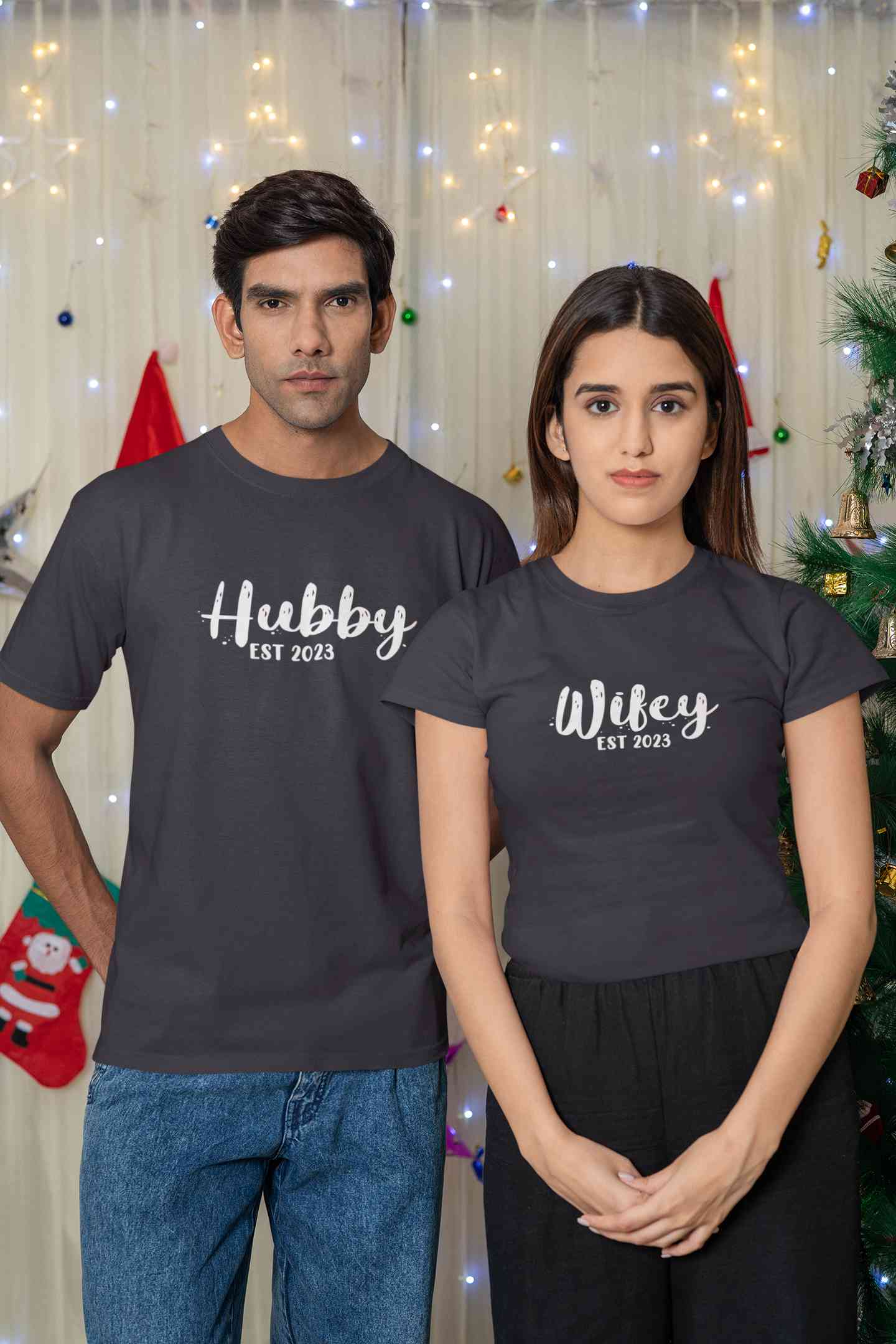 Hubby Wifey Est 2023 Couple Half Sleeves T-Shirts -FunkyTeesClub