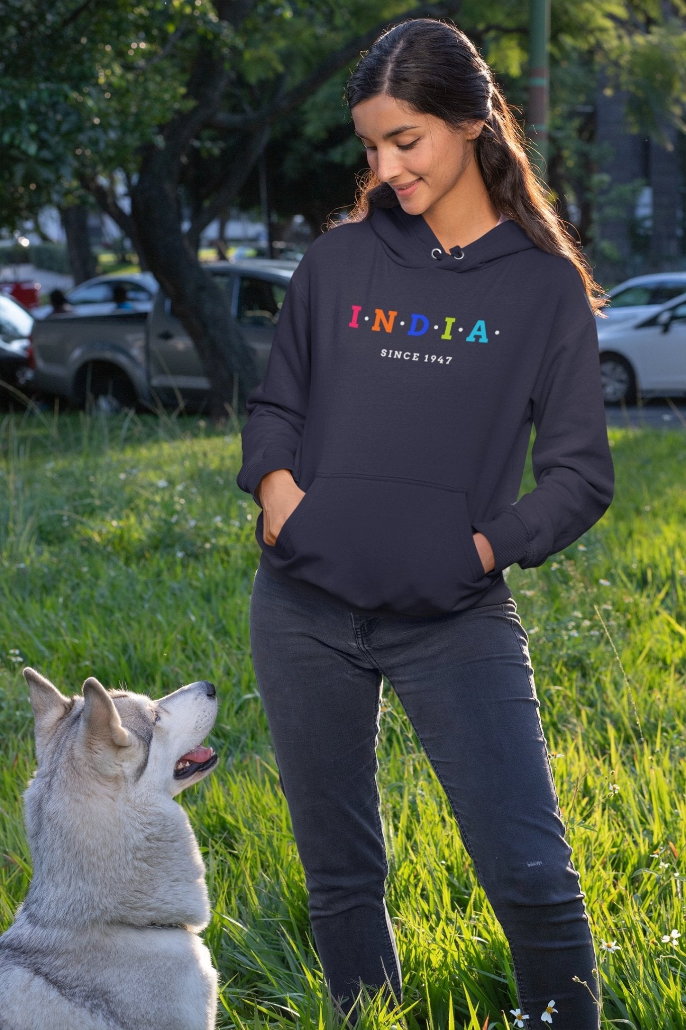 India Since 1947 Typography Hoodies for Women-FunkyTeesClub - Funky Tees Club