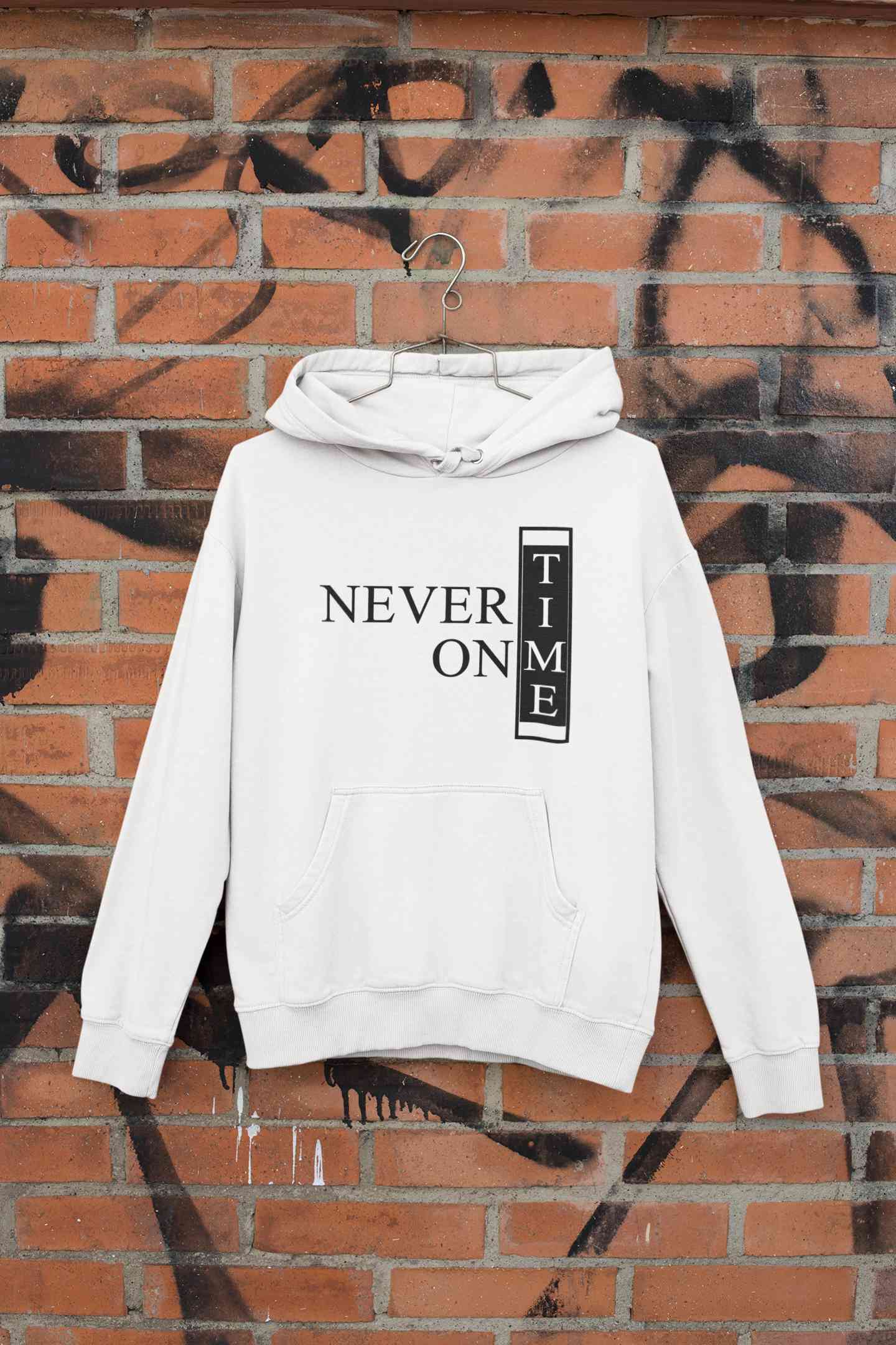 Never On Time Typography Hoodies for Women-FunkyTeesClub