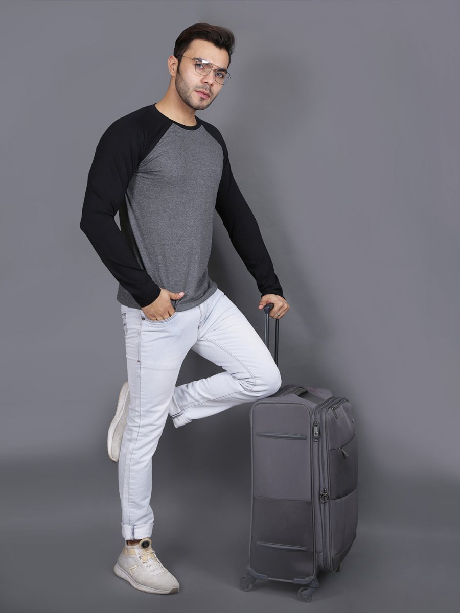 Plain Black Charcoal Raglan Full Sleeves T-Shirt-FunkyTeesClub