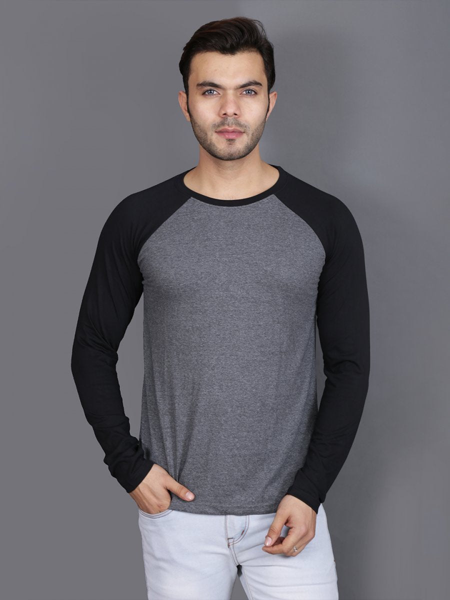 Plain Black Charcoal Raglan Full Sleeves T-Shirt-FunkyTeesClub