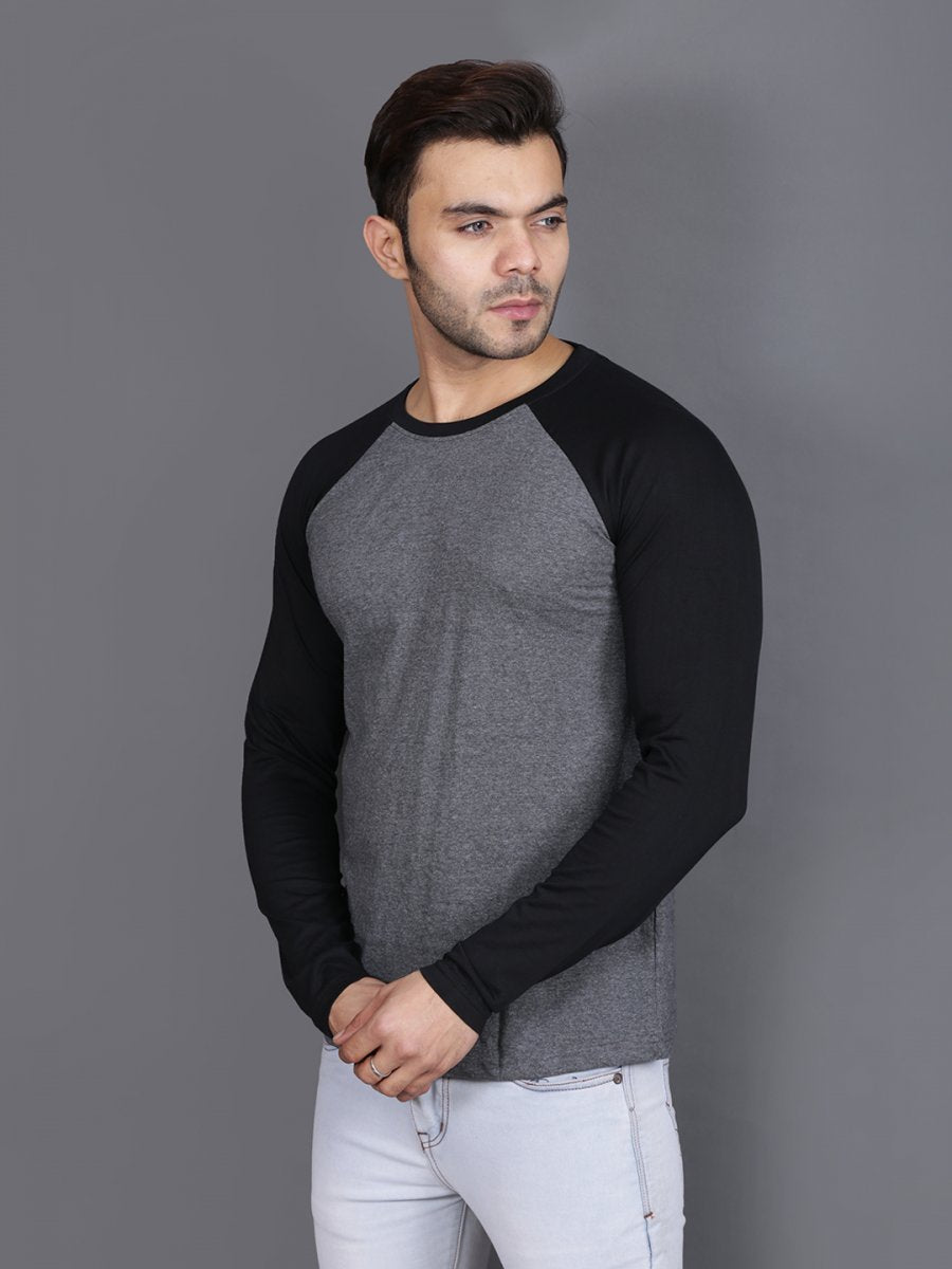 Plain Black Charcoal Raglan Full Sleeves T-Shirt-FunkyTeesClub