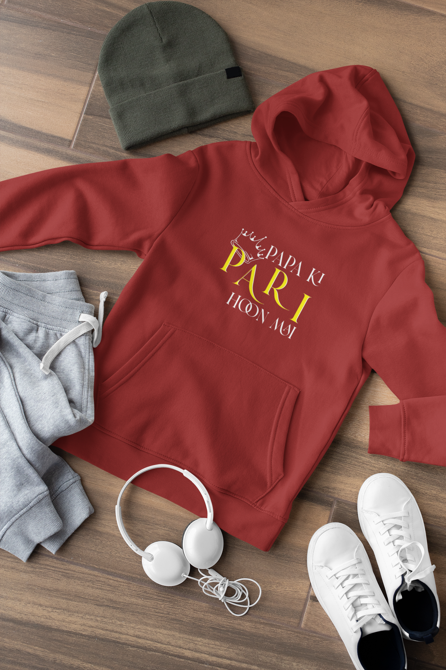 Papa Ki Pari Hu Mai Father and Daughter Red Matching Hoodies- FunkyTeesClub
