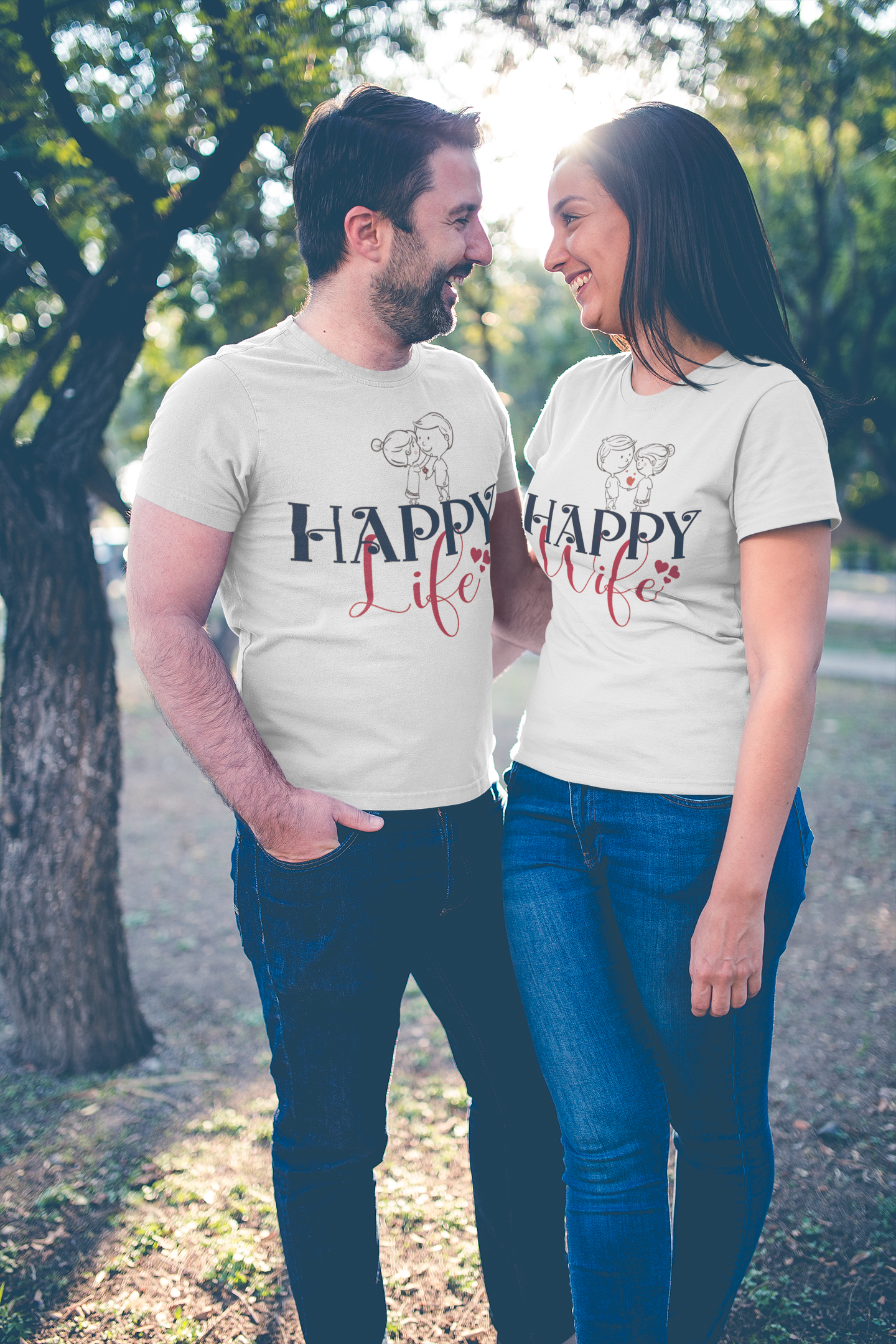 Happy Life Happy Wife Couple Half Sleeves T-Shirts -FunkyTeesClub