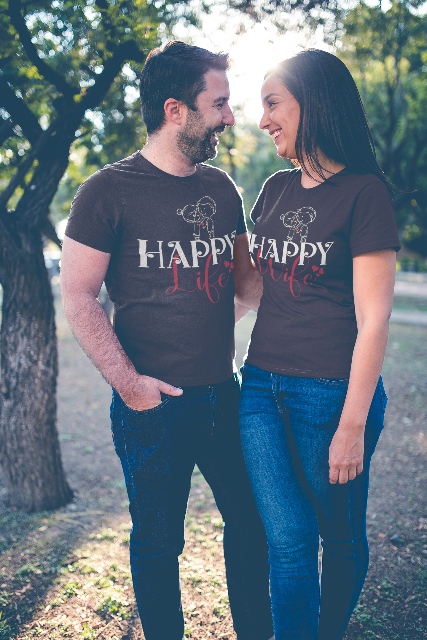 Happy Life Happy Wife Couple Half Sleeves T-Shirts -FunkyTeesClub