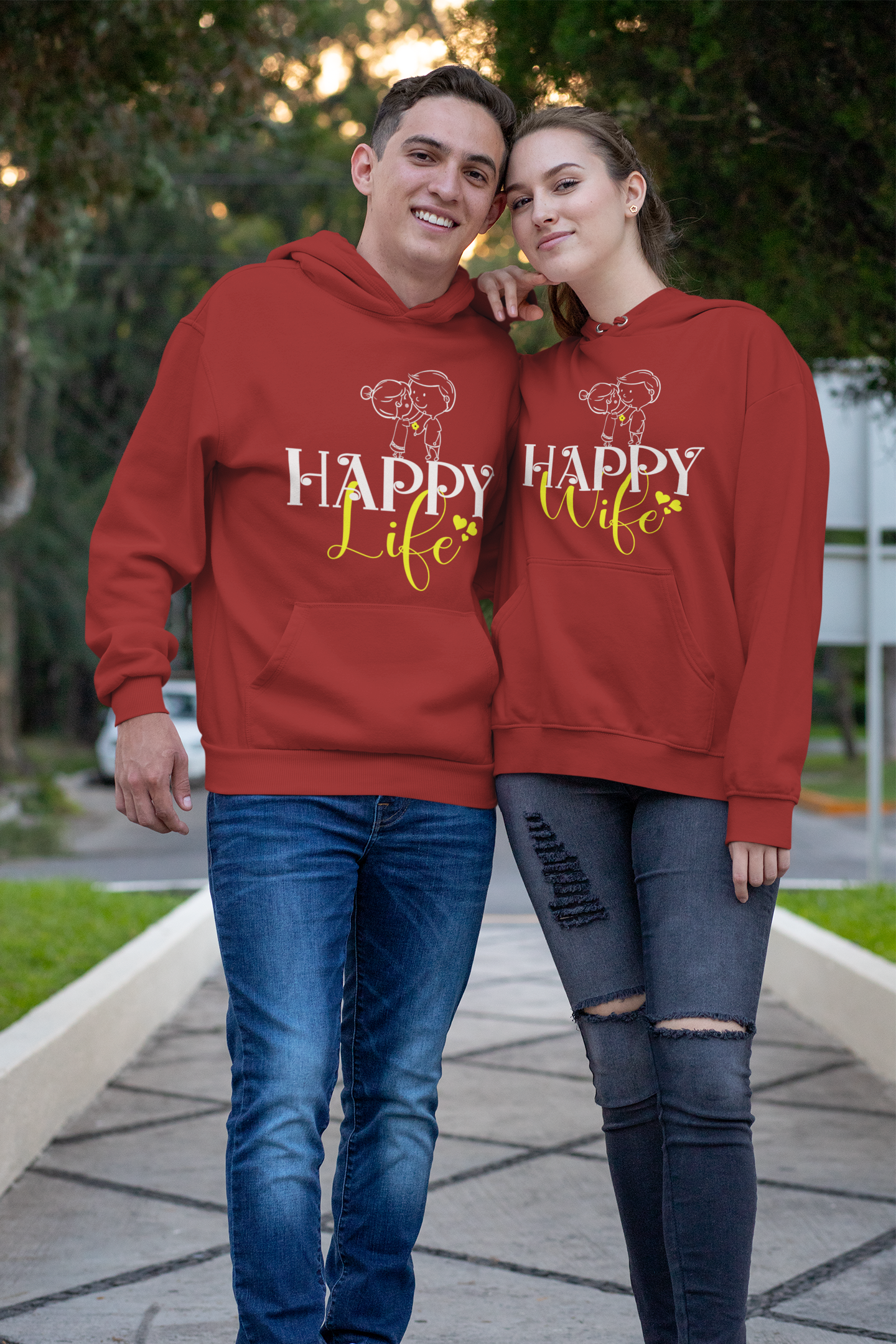 Happy Life Happy Wife Couple Hoodie-FunkyTeesClub